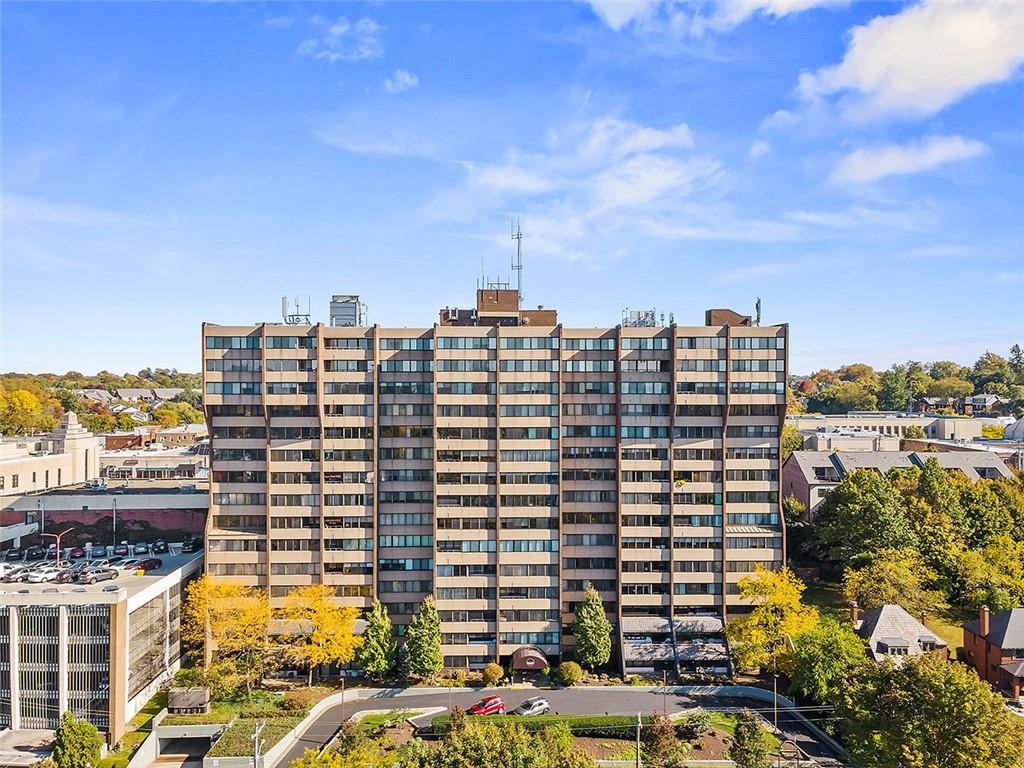 a city view with tall buildings