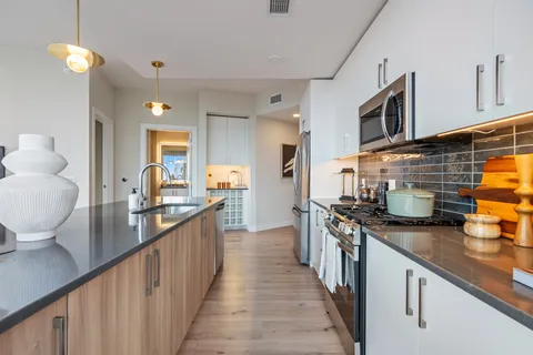 a kitchen with stainless steel appliances granite countertop a sink and a stove