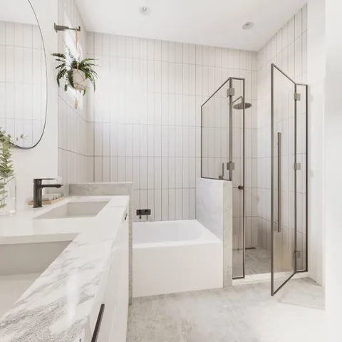 a bathroom with a tub sink and mirror