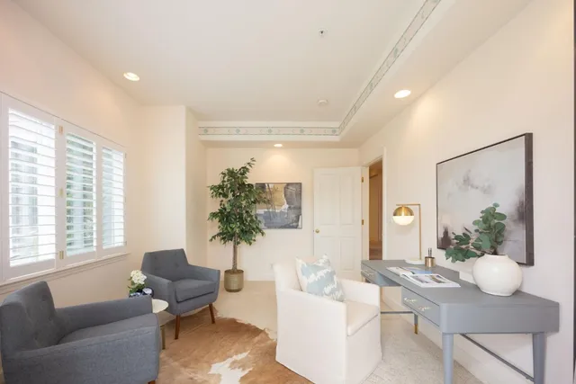 a living room with furniture and a potted plant