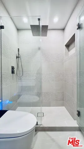 a bathroom with a shower and a toilet