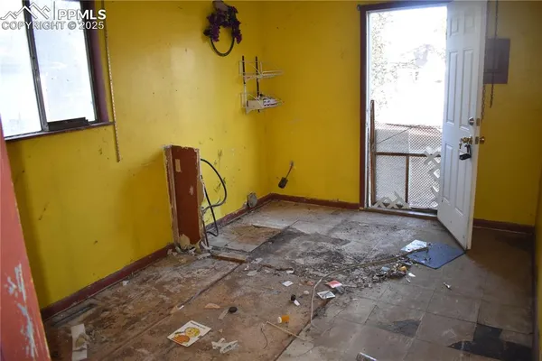 a view of a room with painted walls