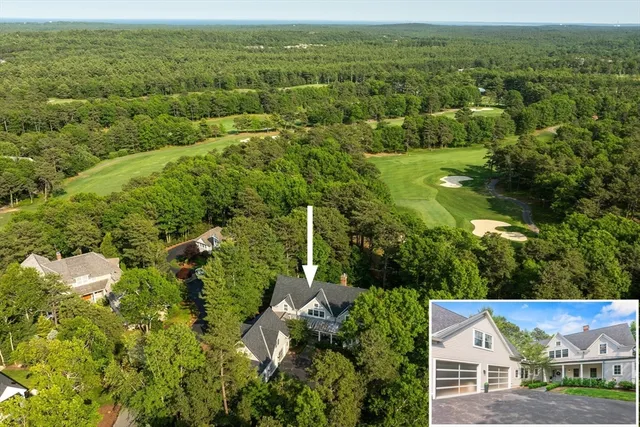 an aerial view of residential houses with outdoor space and trees