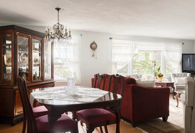 a view of a dining room with furniture window and outside view