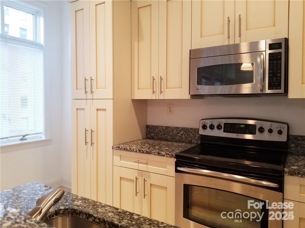 230 South Tryon Street Charlotte, NC 28281 - Photo 11 of 12 a kitchen with granite countertop a stove and a microwave