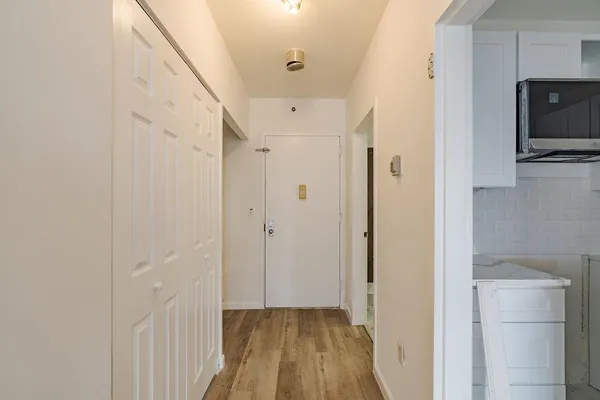 a view of a hallway with wooden floor and closet area