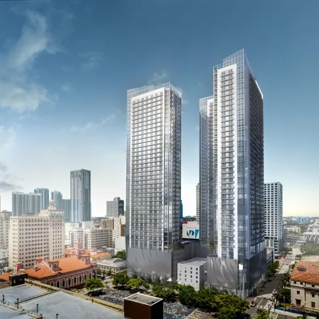 a city view with tall buildings