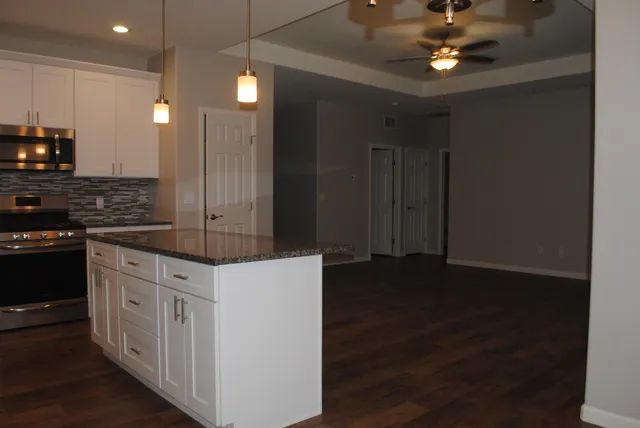 a kitchen with a counter space a sink and cabinets