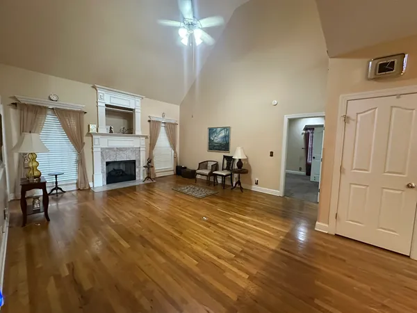 a living room with furniture and a fireplace