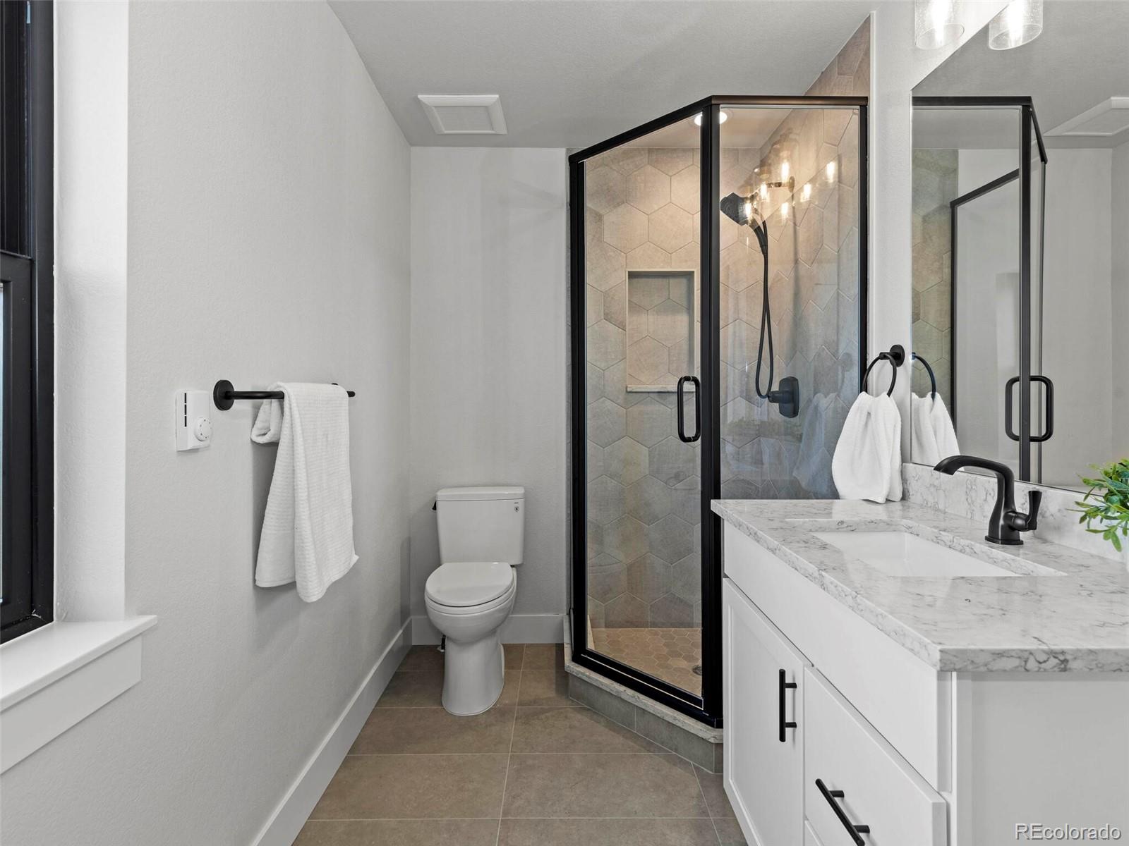 5423 South Prince Street, Unit B Littleton, CO 80120 - Photo 36 of 40 a bathroom with a granite countertop sink toilet and shower