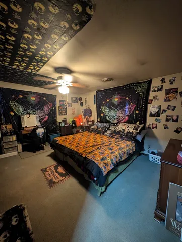 a bedroom with a bed a mirror and dresser