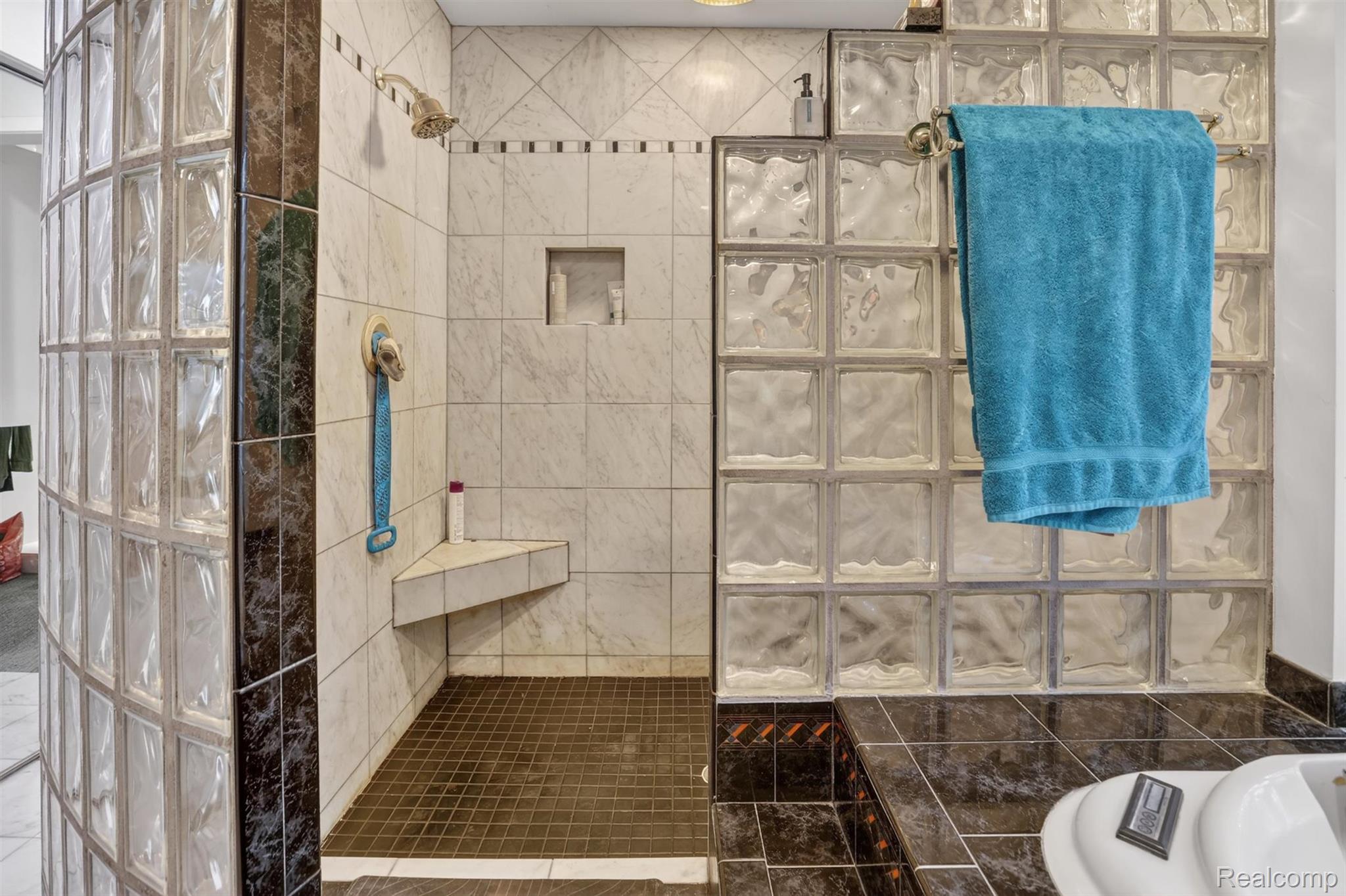 2197 South State Road Davison, MI 48423 - Photo 28 of 72 Walk-in shower featuring a built-in bench, recessed niche, and a glass block enclosure