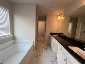 a spacious bathroom with a granite countertop sink and a bathtub
