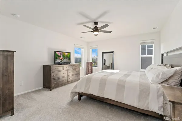 a bedroom with a bed and ceiling fan