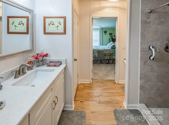 a bathroom with a sink vanity and a mirror