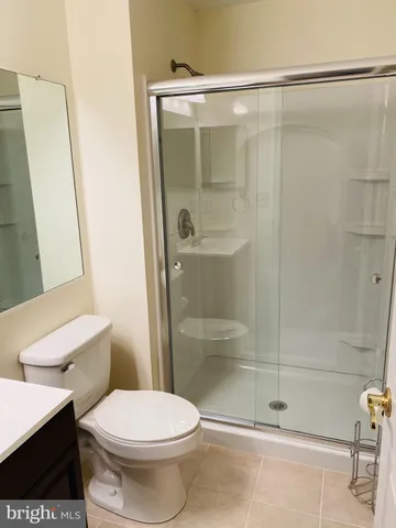a bathroom with a shower and a toilet