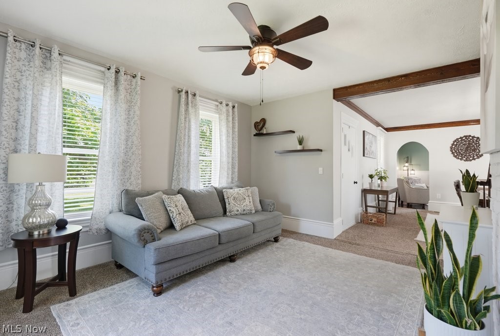 23055 Snell Road Columbia Station, OH 44028 - Photo 22 of 50 Living area featuring a ceiling fan with integrated lighting, two windows with blinds, and floating wall shelves