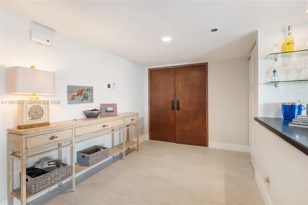 a room with cabinets and window