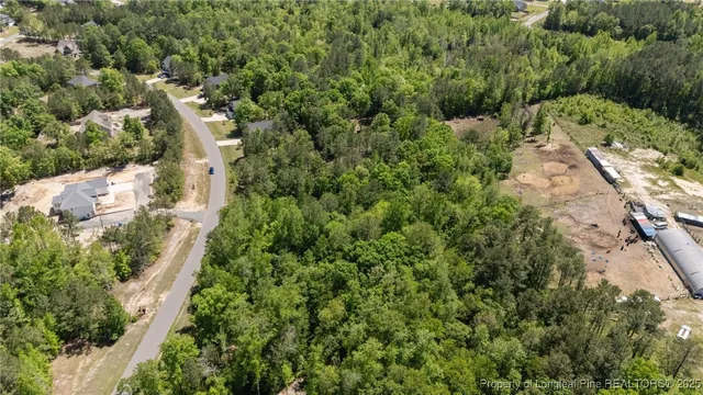 an aerial view of residential houses with outdoor space and trees