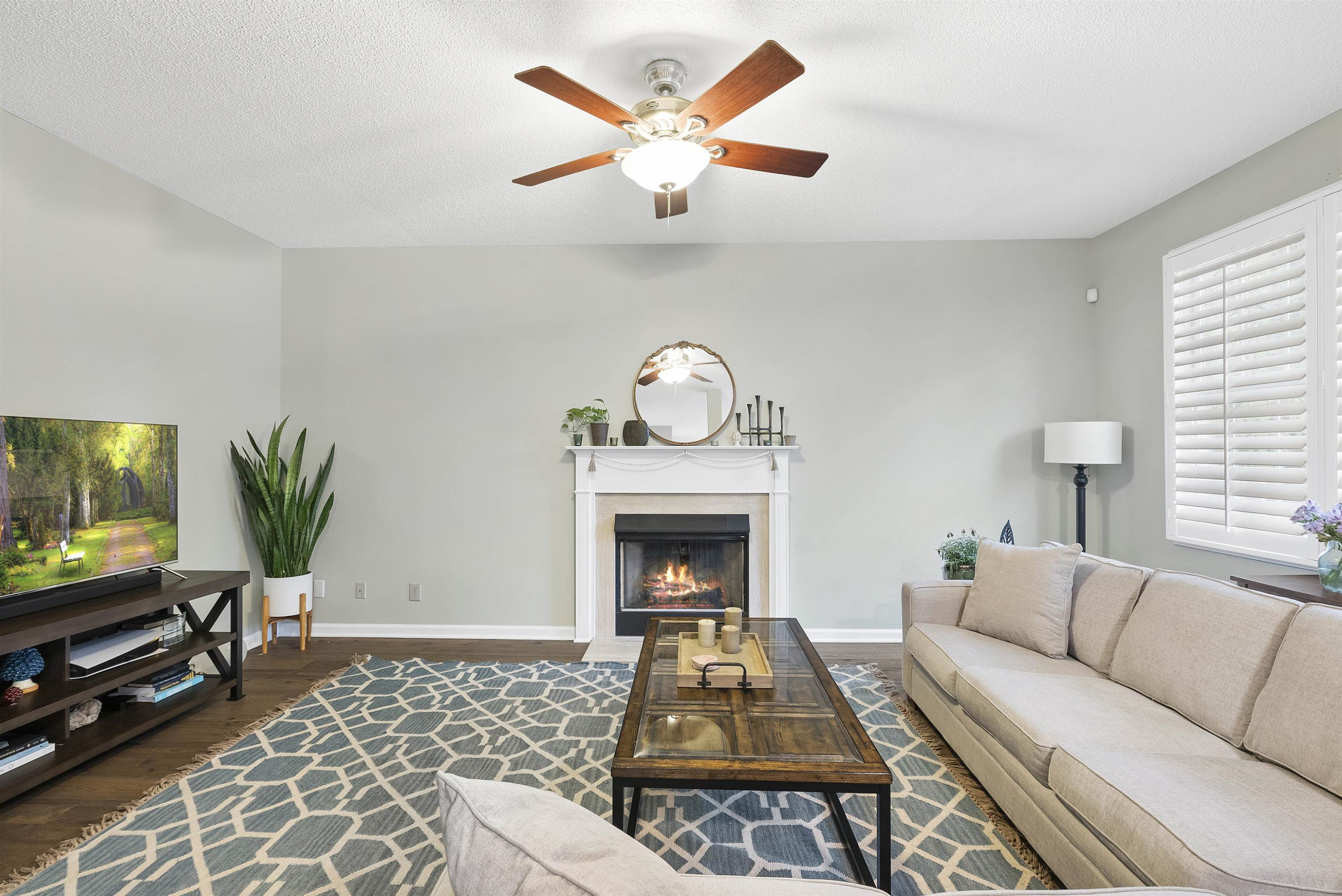 408 Chancellors Ridge Drive Durham, NC 27713 - Photo 8 of 34 a living room with furniture a fireplace and a flat screen tv