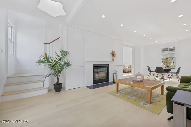 a living room with furniture a potted plant and a fireplace