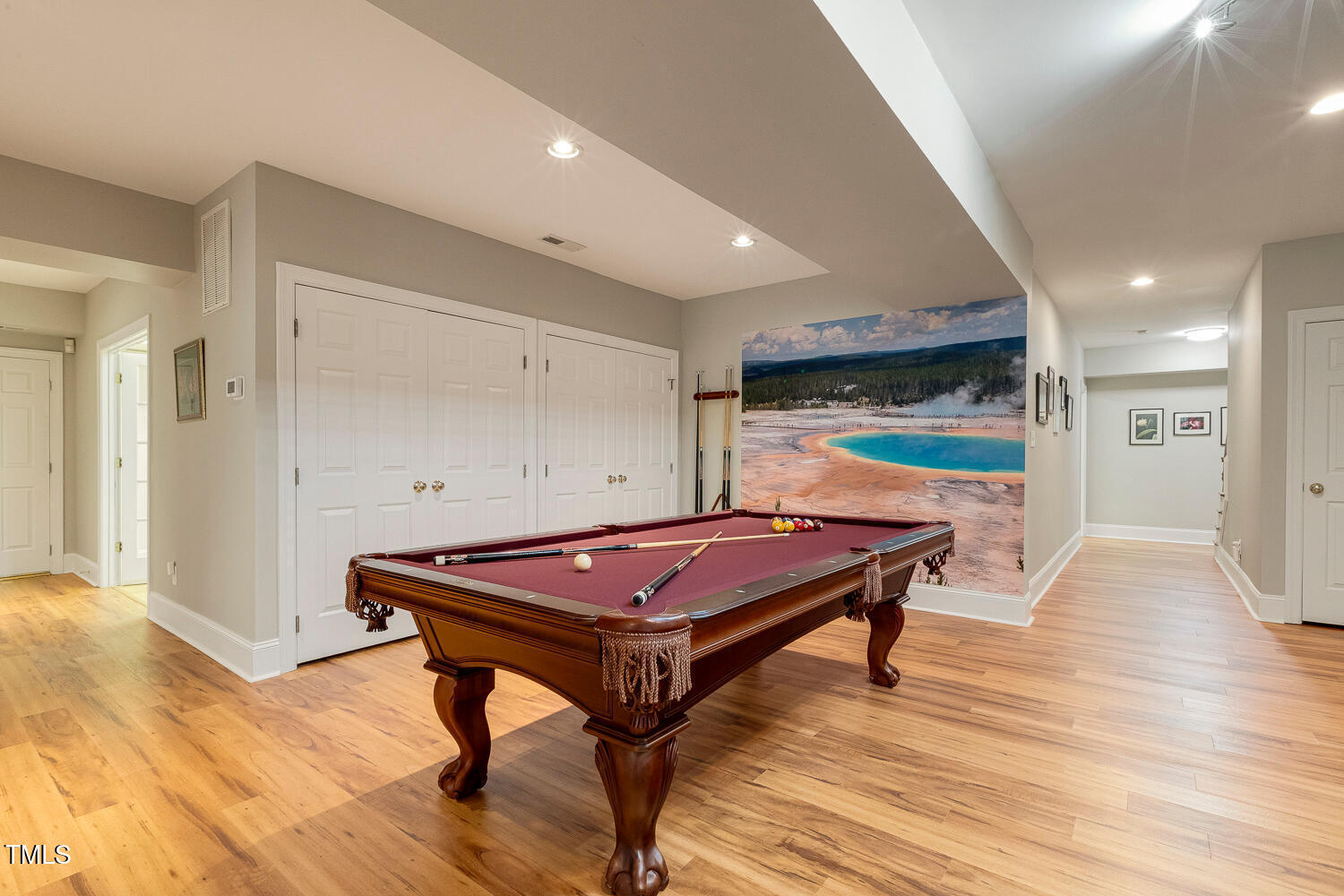 1505 October Road Raleigh, NC 27614 - Photo 41 of 76 a room with wooden floor pool table and windows