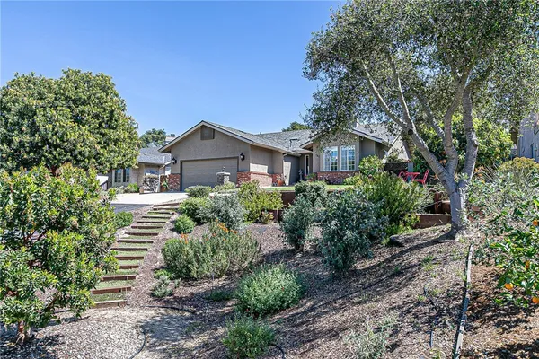 a front view of a house with plants and trees