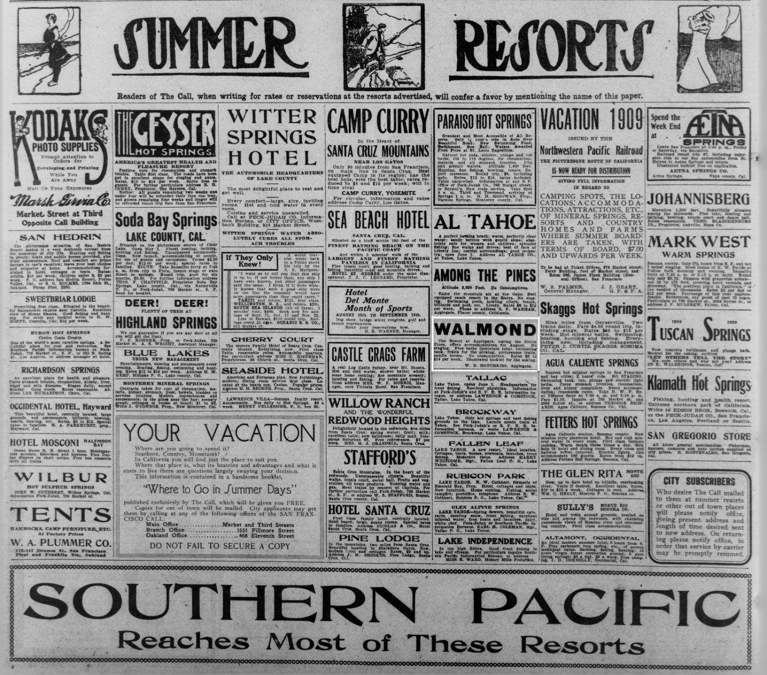 790 Pine Knoll Road Applegate, CA 95703 - Photo 79 of 81 Advertisement in the August 1909 "SF Call" for Summer Resorts