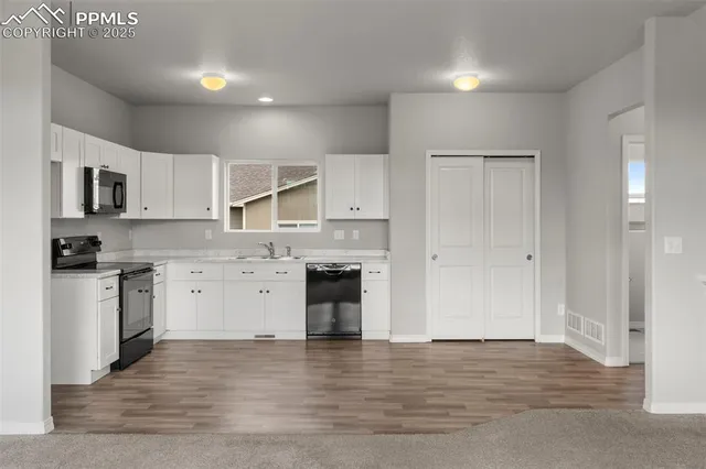 a kitchen with granite countertop white cabinets and stainless steel appliances