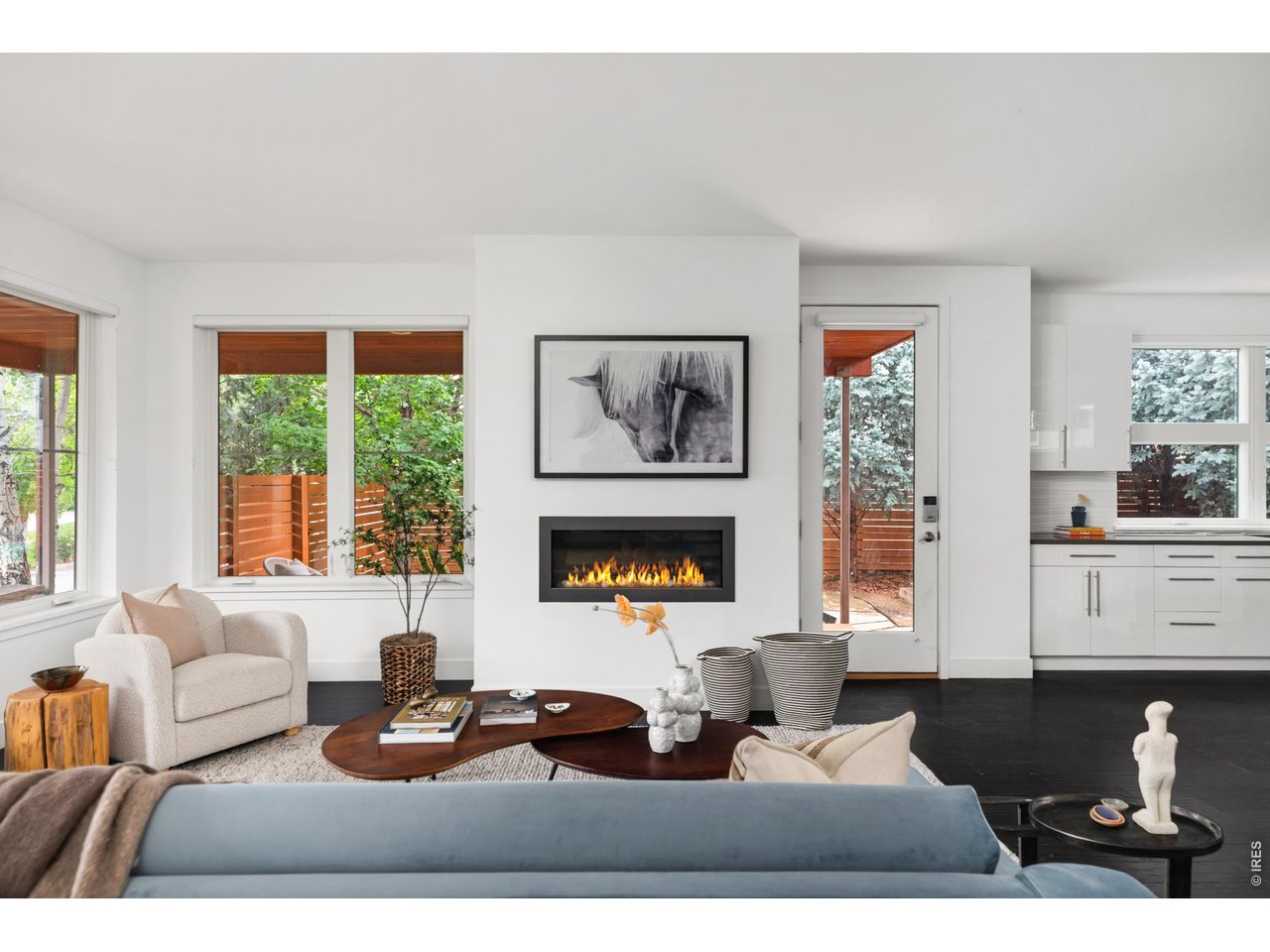 3963 Springleaf Lane Boulder, CO 80304 - Photo 2 of 32 The living room is anchored by a sleek linear fireplace and framed by oversized windows, allowing natural light to move easily through the space.