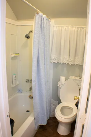 a white toilet sitting next to a bath tub