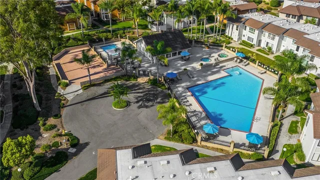 a bird view of a house with outdoor seating