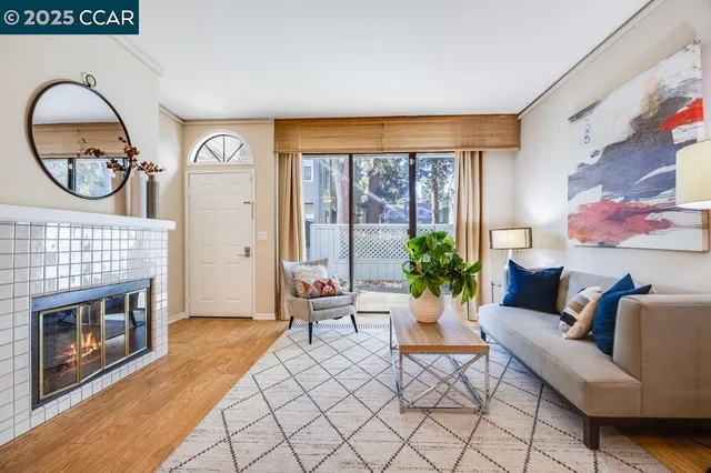 a living room with furniture a fireplace and a floor to ceiling window