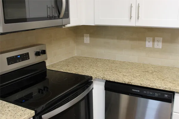 a close view of stove and microwave