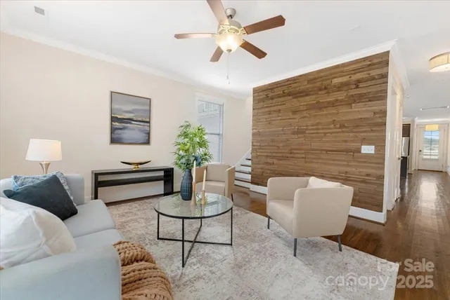 a living room with furniture and a potted plant