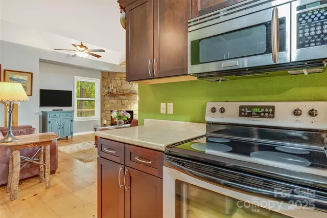 a kitchen with a stove and a microwave