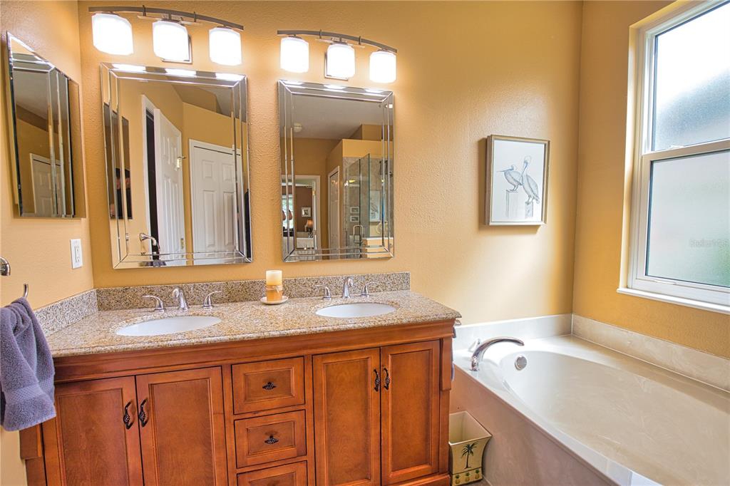 5288 Layton Drive Venice, FL 34293 - Photo 39 of 75 a bathroom with a granite countertop double vanity sink a mirror and a bathtub