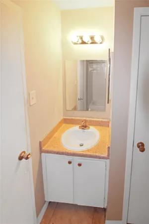 a bathroom with a sink and mirror