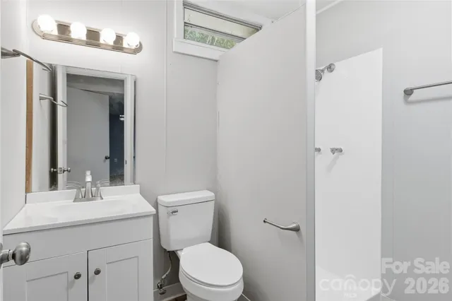 a bathroom with a toilet sink vanity and mirror
