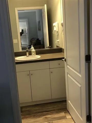 a bathroom with a sink and a mirror