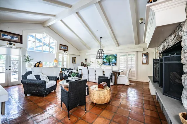 a living room with furniture a fireplace and a potted plant