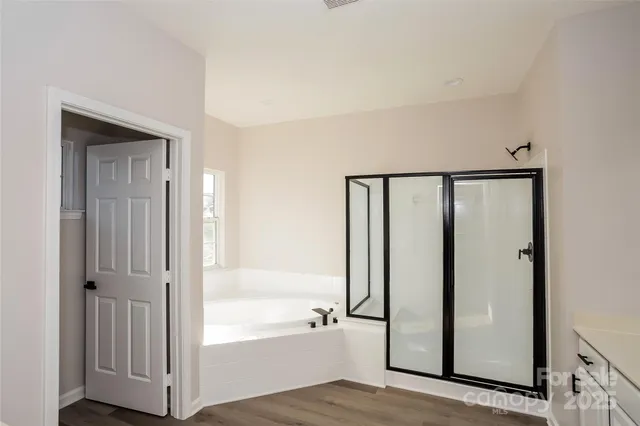 a bathroom with a bathtub and a shower