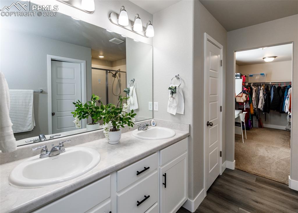 12653 Granite Ridge Drive Peyton, CO 80831 - Photo 34 of 50 a bathroom with a sink a vanity and a mirror