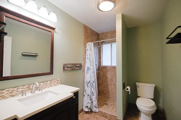 a bathroom with a sink toilet and shower