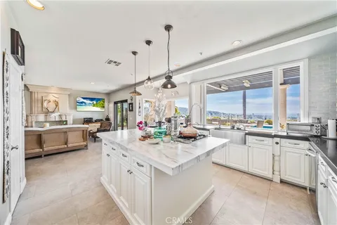 a view of a chandelier and living room