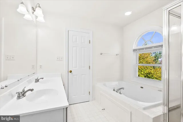 a bathroom with a tub sink and mirror