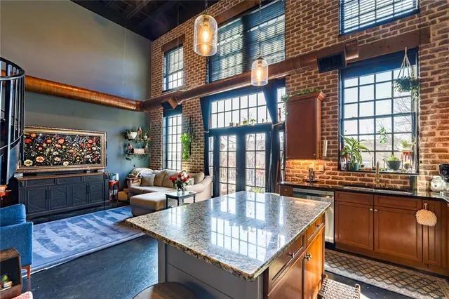 a living room with large window