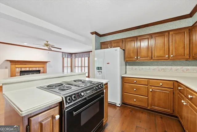 a kitchen with a stove and a refrigerator
