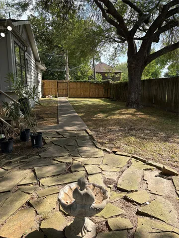 a view of a yard with plants and large trees