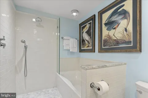 a view of a wooden deck with chairs and large trees